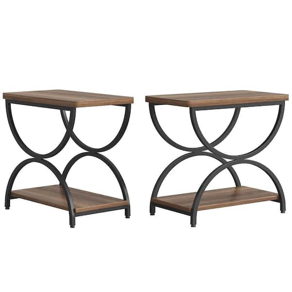 Unbranded Kerlin 23 in. 2-Piece Brown and Black Rectangular Wood End Side Accent Table Sofa Side Table with 2-Tier and Metal Frame