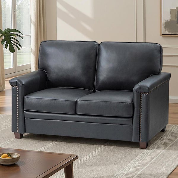 Samuel 56 in. Wide Black Leather Rectangle 2-Seat Sofa with Solid Wooden Legs