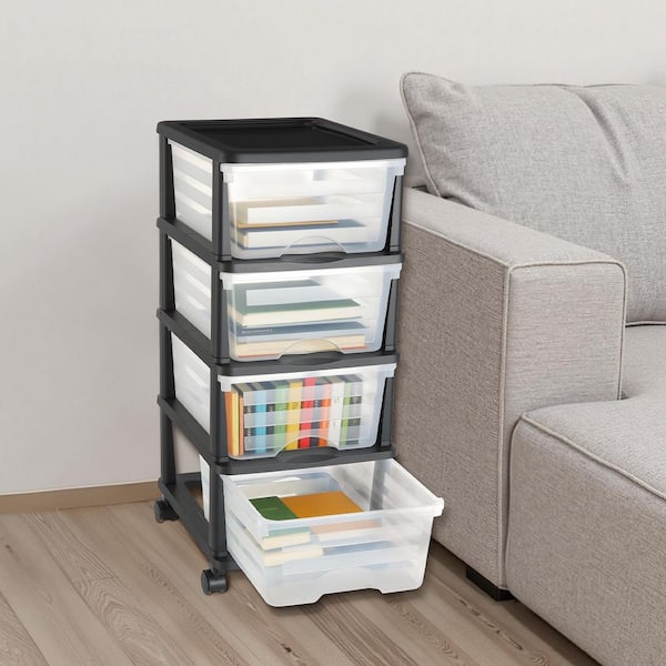 Storage Drawer Cart, Black Frame/Clear Drawers Plastic Kitchen Cart with Detachable Wheels, 4-Drawers, Transparent Front