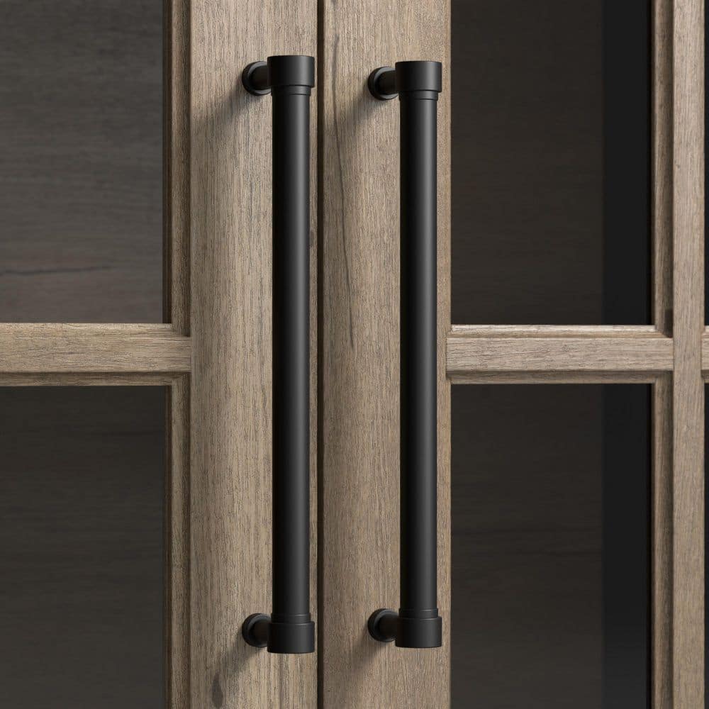 Tall Vintage Black and Tan Hickory Curio Cabinet with Glass Doors