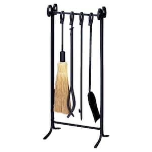 Black Wrought Iron 5-Piece Inline Base Fireplace Tool Set with Heavy Weight Steel Construction