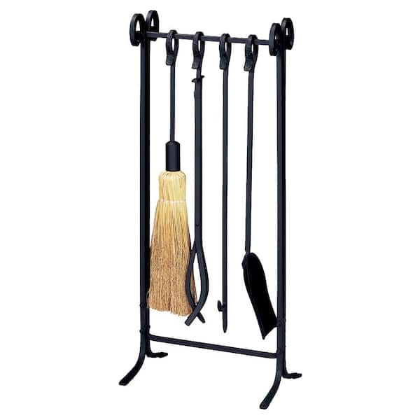 UniFlame Black Wrought Iron 5-Piece Inline Base Fireplace Tool Set with Heavy Weight Steel Construction