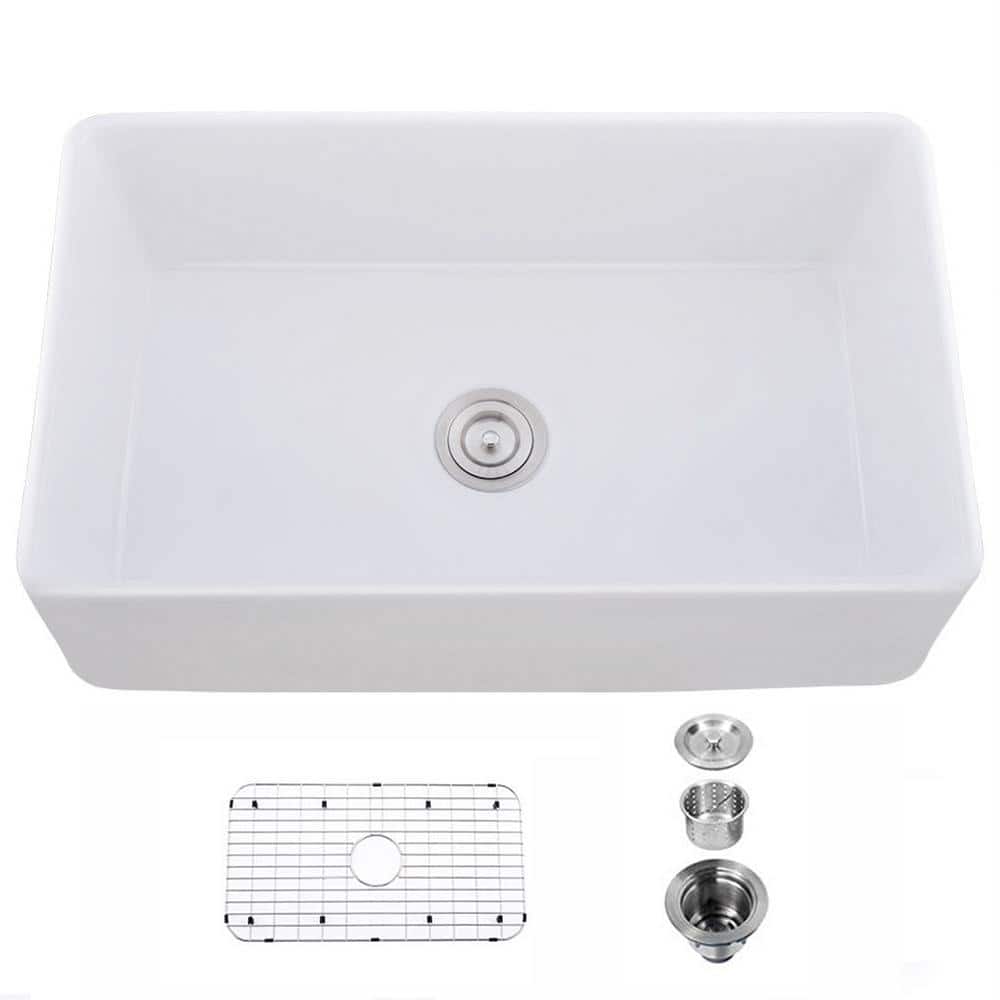 33 in. Farmhouse Single Bowl White Ceramic Kitchen Sink with Bottom Grids