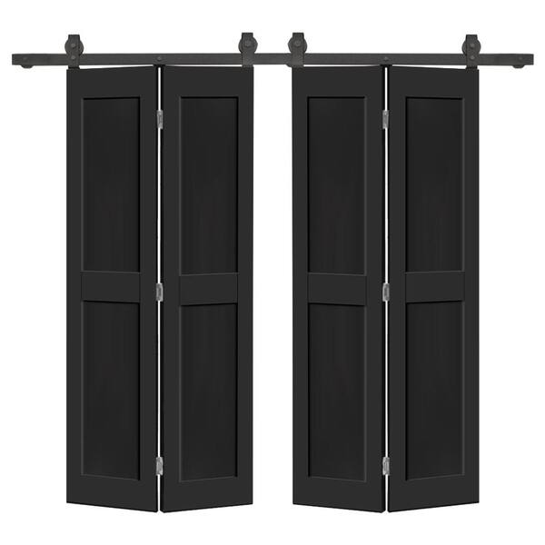 CALHOME 40 in. x 84 in. 2 Panel Shaker Hollow Core Black Composite Double Bi-fold Door with Barn Door Hardware Kit
