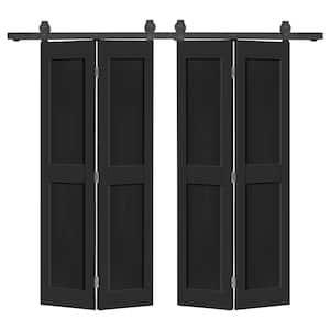 72 in. x 84 in. 2-Panel Shaker Hollow Core Black Composite Double Bi-Fold Door with Barn Door Hardware Kit