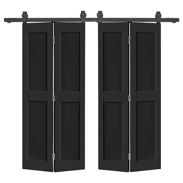 72 in. x 84 in. 2 Panel Shaker Hollow Core Black Composite Double Bi-fold Door with Barn Door Hardware Kit