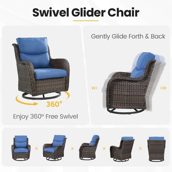 Moonluxe 3-Piece Brown Swivel Glider Wicker Outdoor Glider Chair with 6 in. Olefin Navy Blue Cushions and Side Table