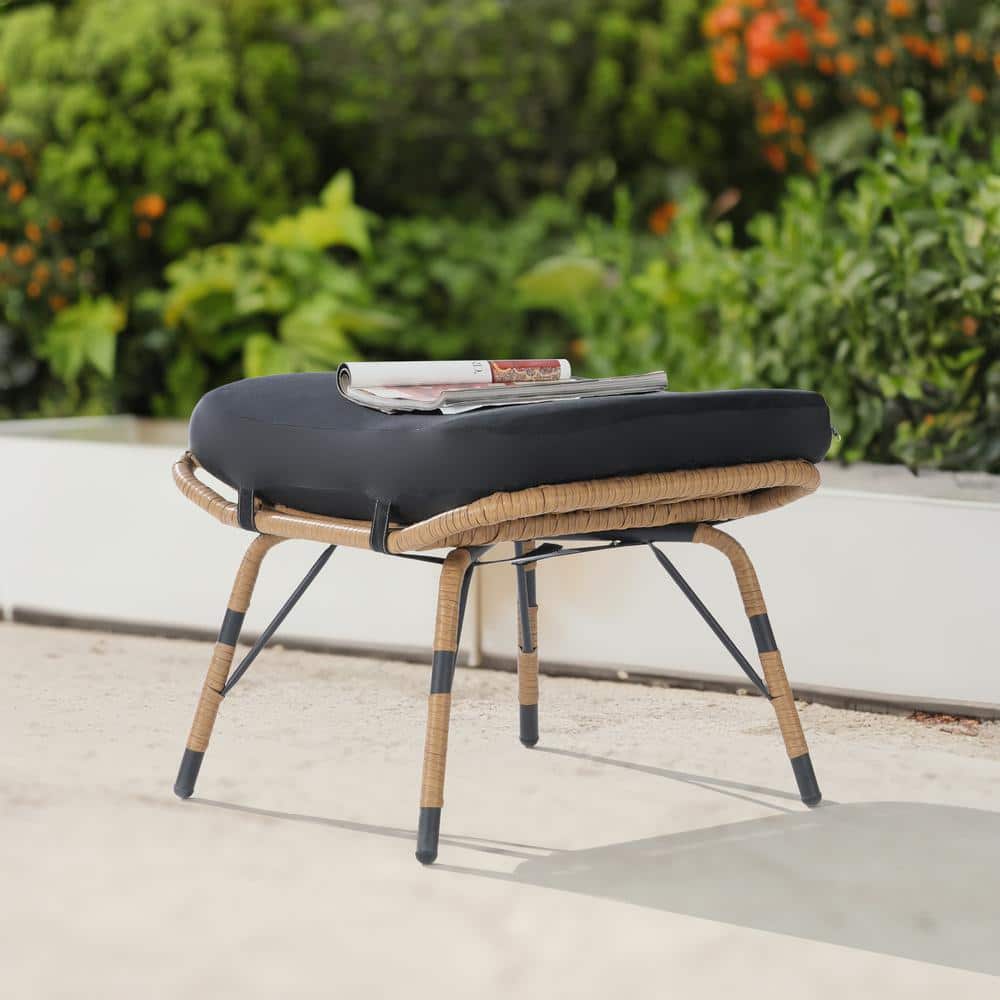 Brown Wicker All Weather Rattan Outdoor Ottoman with Removable Black Cushio