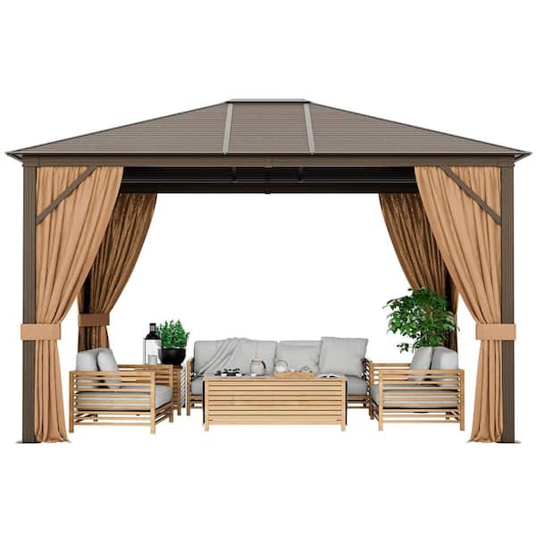 Costway 12 ft. x 10 ft. Brown Patio Hardtop Gazebo with Galvanized Steel Top Aluminum Frame Outdoor