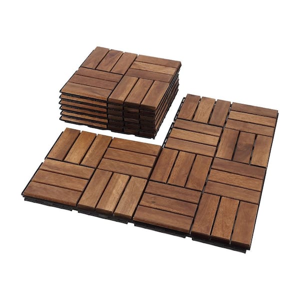 Siavonce 12 in. x 12 in. Square Acacia Wood Interlocking Flooring Tiles Striped Pattern Tiles in Brown (Pack of 10)