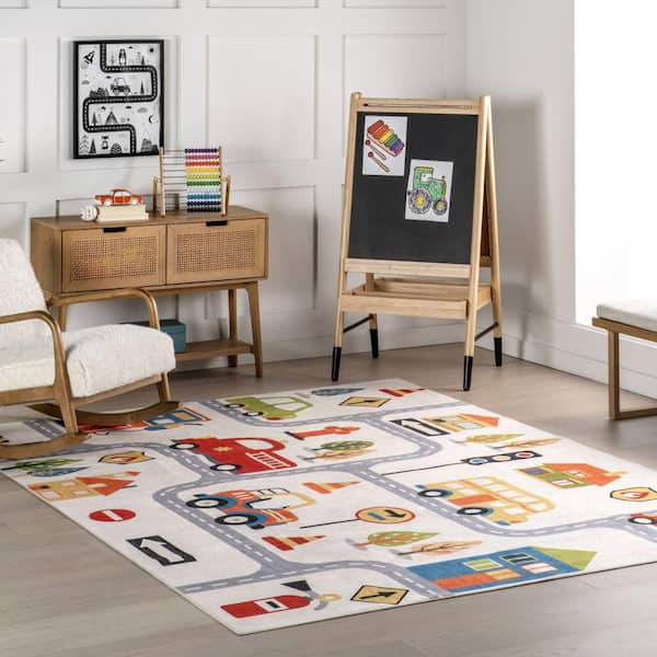 Jules Kids Spill Proof Washable Play Time White Multicolor 7 ft. x 9 ft. Indoor Area Rug