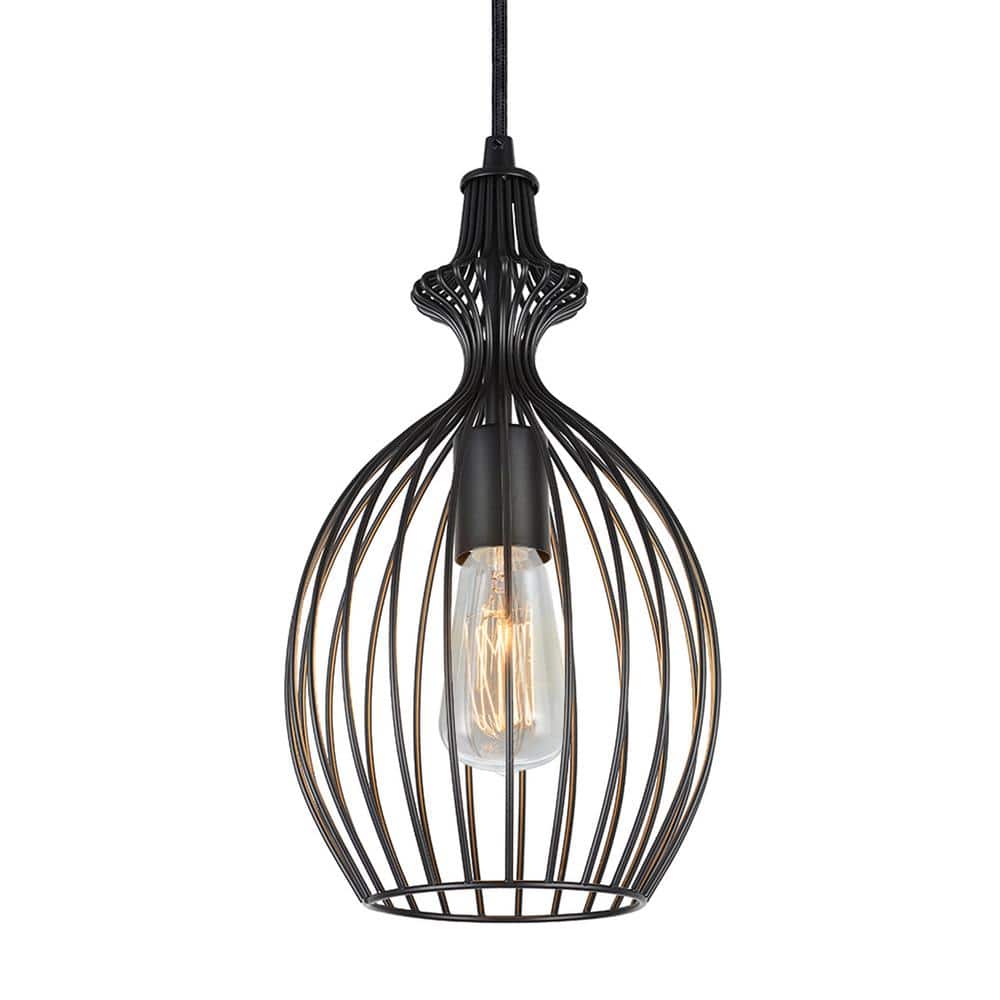 Matte Black Transitional Mini Pendant with Metal Wire Shade 8" Wide