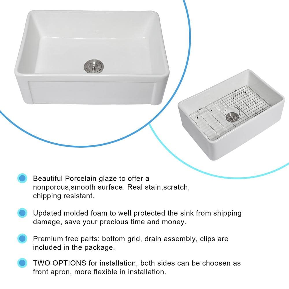 33'' White Ceramic Farmhouse Apron-Front Single Bowl Kitchen Sink
