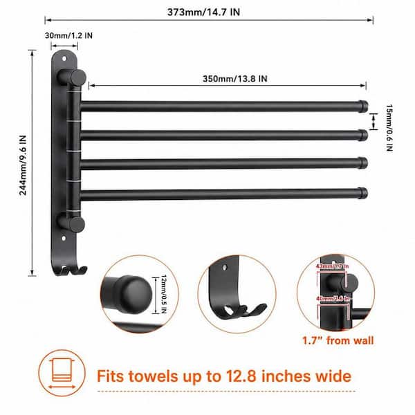 14.7 in. Stainless Steel Wall Mounted 4-Arm Towel Bar in Matte Black, Swivel Towel Rack with Hook