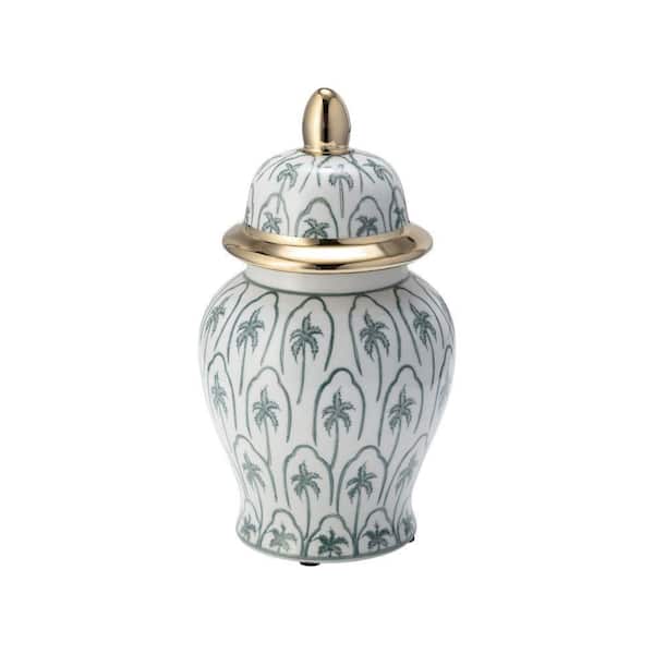 Liv & Skye 10 in. Green/Gold Ceramic Palm Trees Temple Jar