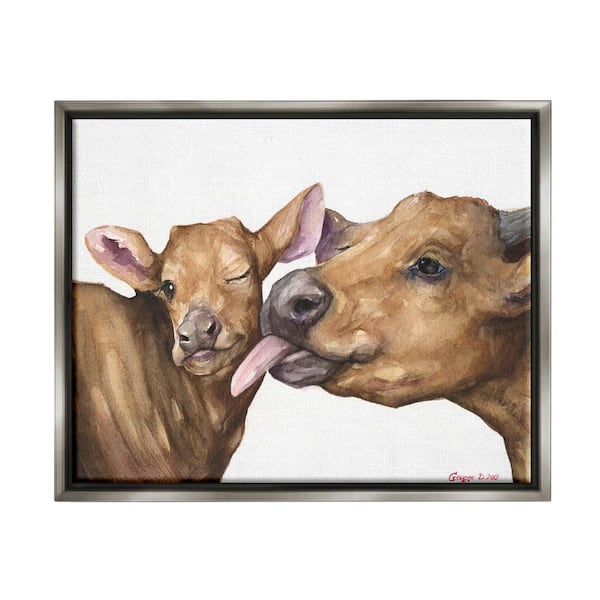 The Stupell Home Decor Collection Baby Cow Family Animal Watercolor Painting by George Dyachenko Floater Frame Animal Wall Art Print 21 in. x 17 in.