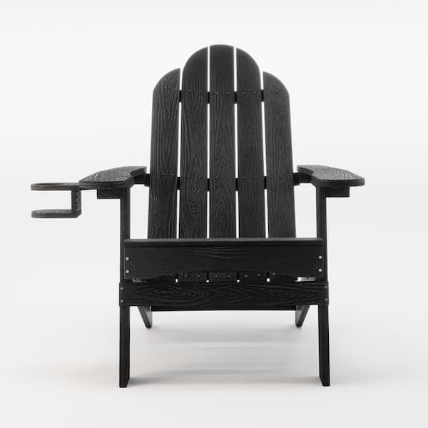 LUE BONA Miranda Folding Black Recycled Plastic HIPS Outdoor Patio Adirondack Chair with Cup Holder For Garden/Firepit/Pool