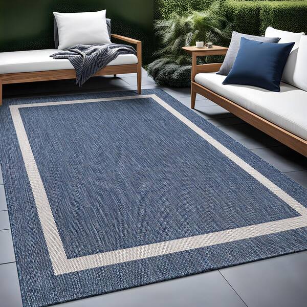 4 X 6 Blue White Waikiki Modern Bordered Indoor Outdoor Area Rug