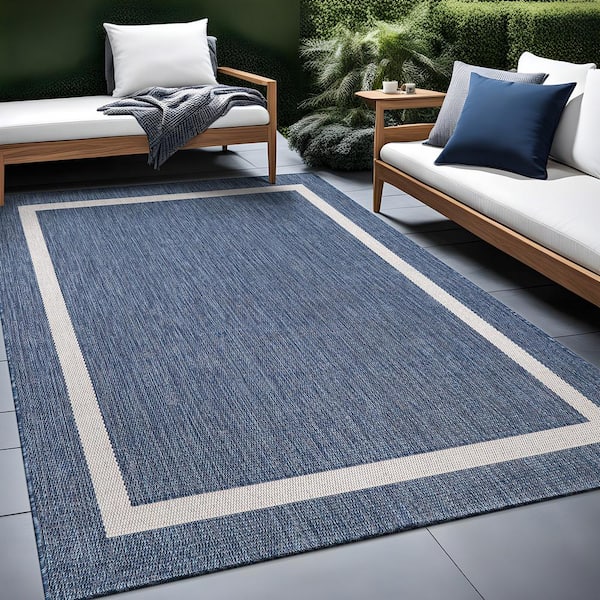 8 X 10 Blue White Waikiki Modern Bordered Indoor Outdoor Area Rug