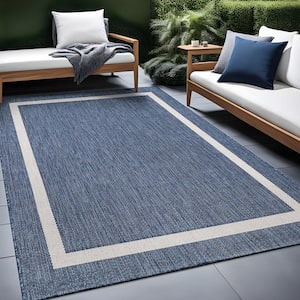 10 X 14 Blue White Blue Modern Bordered Indoor Outdoor Area Rug