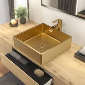 15 in. Vessel Yellow Square Bathroom Sink with Pop Up Drain in Gold Stainless Steel