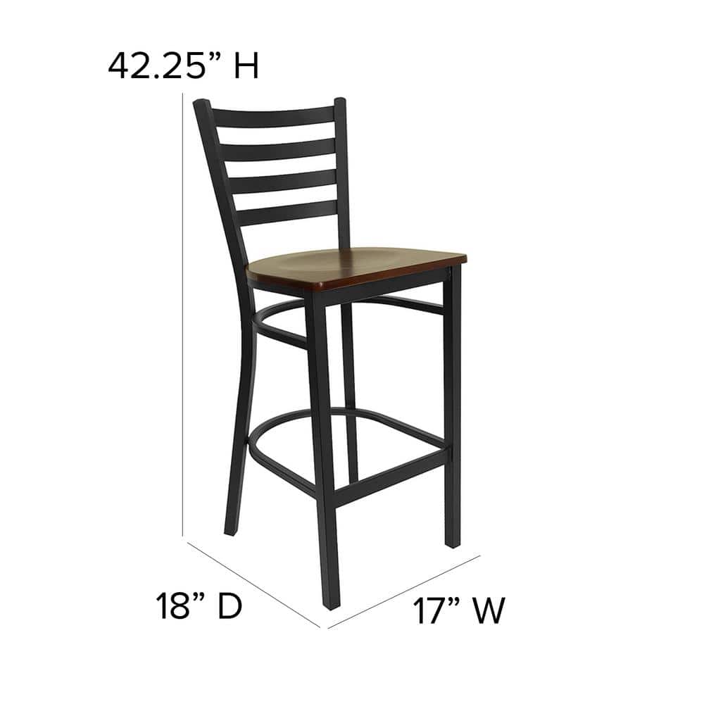 Elegant Black Metal Ladder Back Barstool with Mahogany Wood Seat