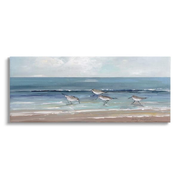 The Stupell Home Decor Collection Sandpipers Birds Cloudy Sky Beach Shore Painting By Sally Swatland Unframed Nature Art Print 30 in. x 13 in.
