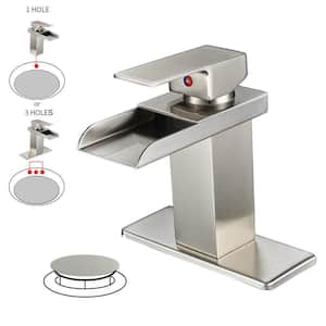 Waterfall Single Hole Single-Handle Low-Arc Bathroom Faucet With Pop-up Drain Assembly in Brushed Nickel