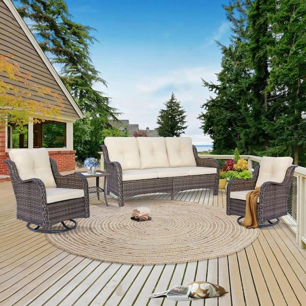 Xingzjojor Brown 4-Piece Wicker Outdoor Patio Conversation Seating Sofa Set with Beige Cushions and Swivel Rocking Chairs