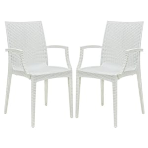 White Mace Modern Stackable Plastic Weave Design Indoor Outdoor Dining Chair with Arms (Set of 2)