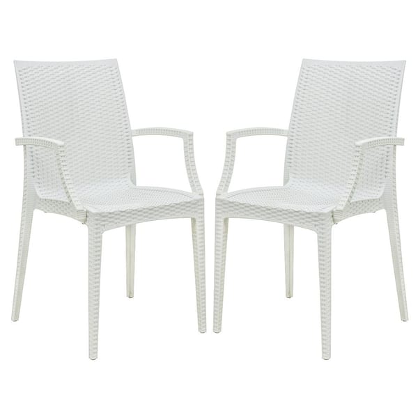 Leisuremod White Mace Modern Stackable Plastic Weave Design Indoor Outdoor Dining Chair with Arms (Set of 2)