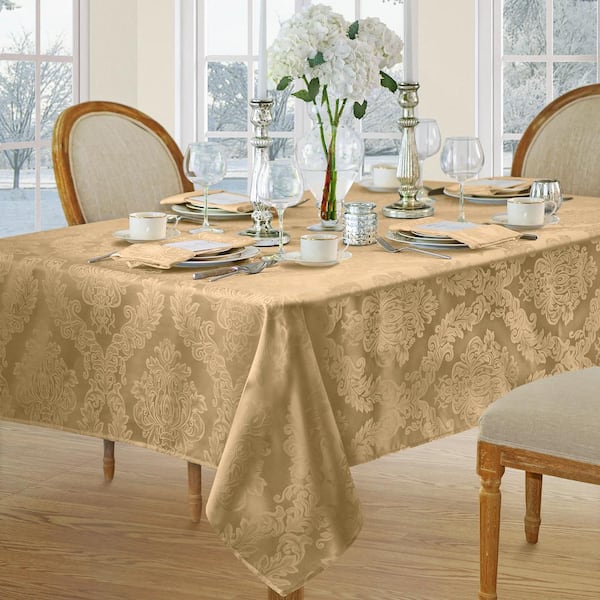Gold Barcelona Damask Fabric Tablecloth, 120 Inch Round White Damask Tablecloth