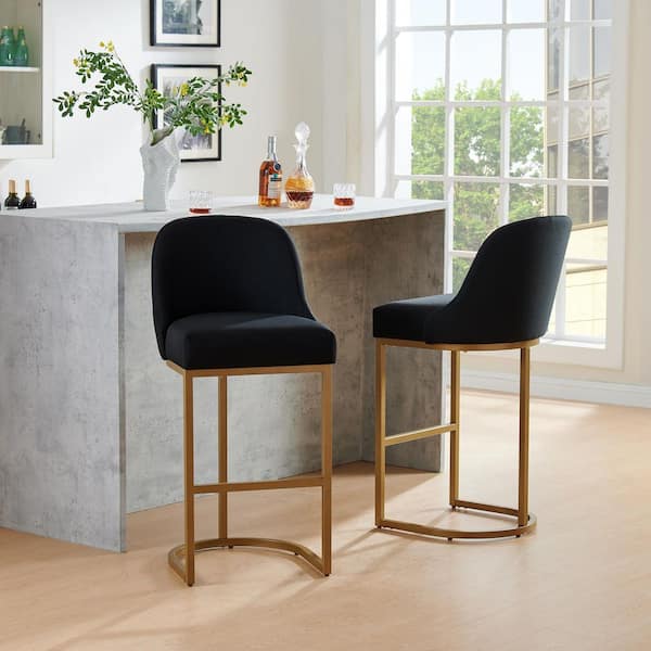 Leick Home Barrelback Bar Stool 30.5 in with Black Full Seat Cuve Base and Gold Metal Base, Set of 2