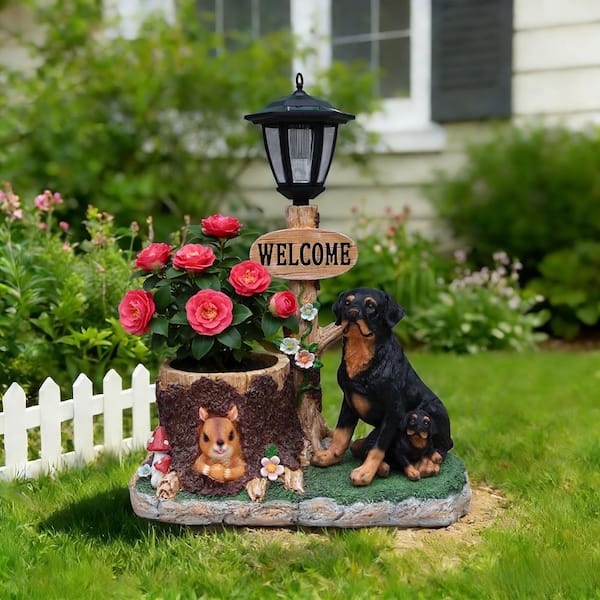 VAMOP Large Brown Resin Rottweiler Dog Family Garden Planter