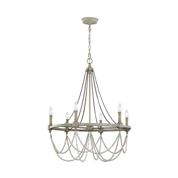 Feiss Beverly 6 Light French Washed Oak, White Wood Round Chandelier 60
