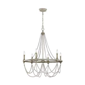 Thornbrook 6-Light French Washed Oak and Distressed White Wood Beaded Wagon Wheel Farmhouse Candlestick Chandelier