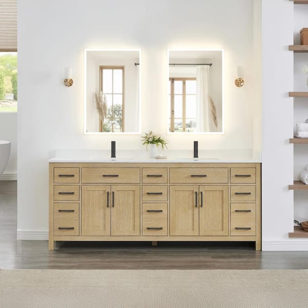 Beckett 84 in. Double Freestanding Whitewashed Oak Bath Vanity with White Cultured Marble Top