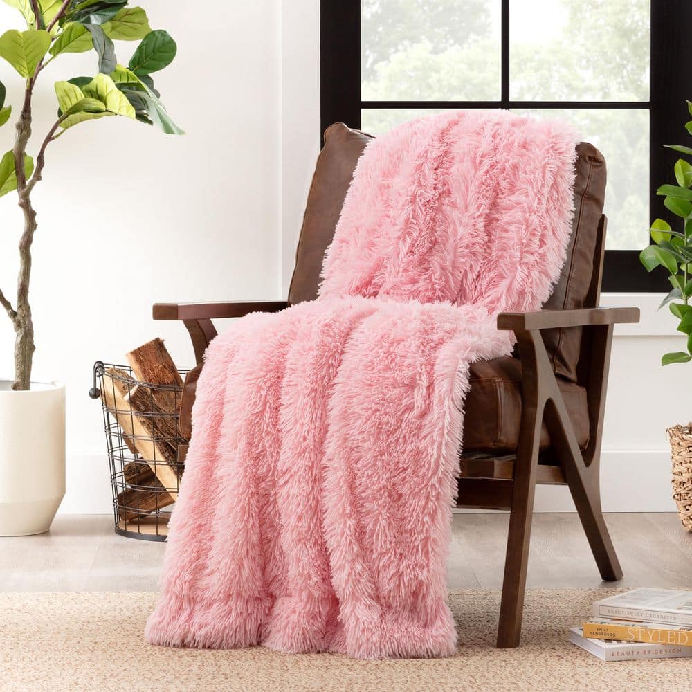 Pink Faux Fur Sherpa Fleece Reversible Throw Blanket