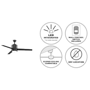 52 in. Indoor Black Integrated LED Modern Ceiling Fan with Light, Wall Control Switch, and 3 Blades