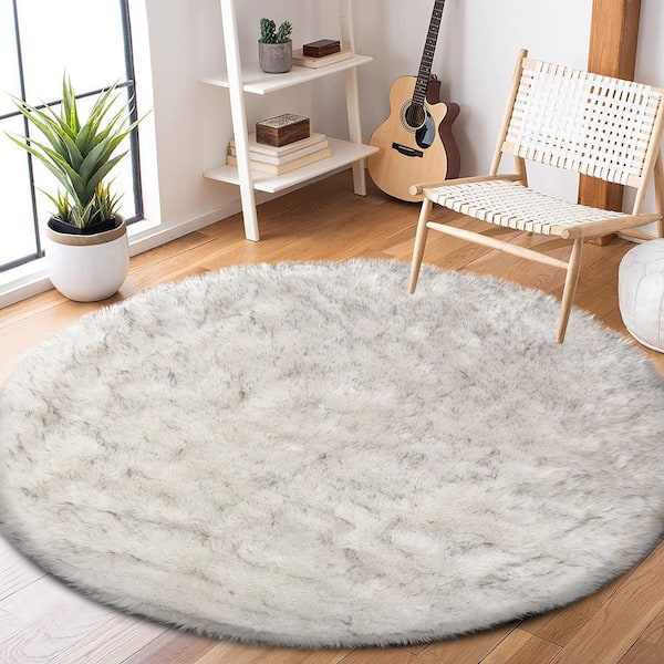 Latepis Faux Sheepskin Fur White/Gray 8 ft. Round Cozy Furry Rugs