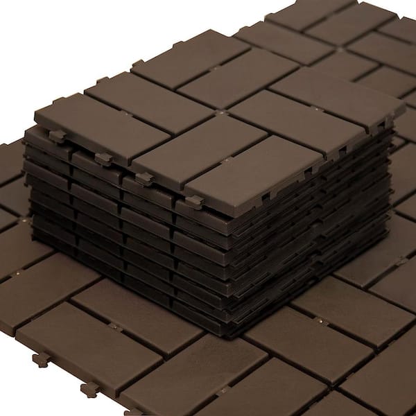 Cesicia 12 in. x 12 in. Waterproof Outdoor Interlocking Slat Plastic Patio and Deck Tile Flooring in Dark Brown (Set of 9)