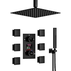 3-Spray 12 in. Ceiling Mount Dual Fixed and Handheld Shower Head and LCD Display with Valve in Matte Black
