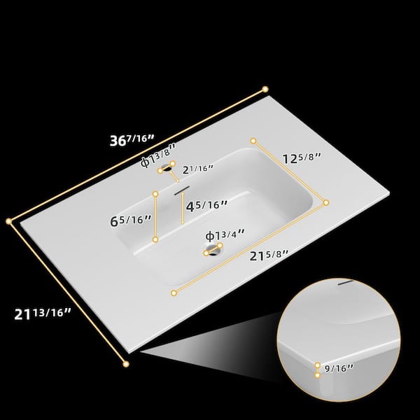 36 in. W x 22 in. D Solid Surface Rectangular Single Sink Vanity Top in White for Bathroom Cabinet with Faucet Hole