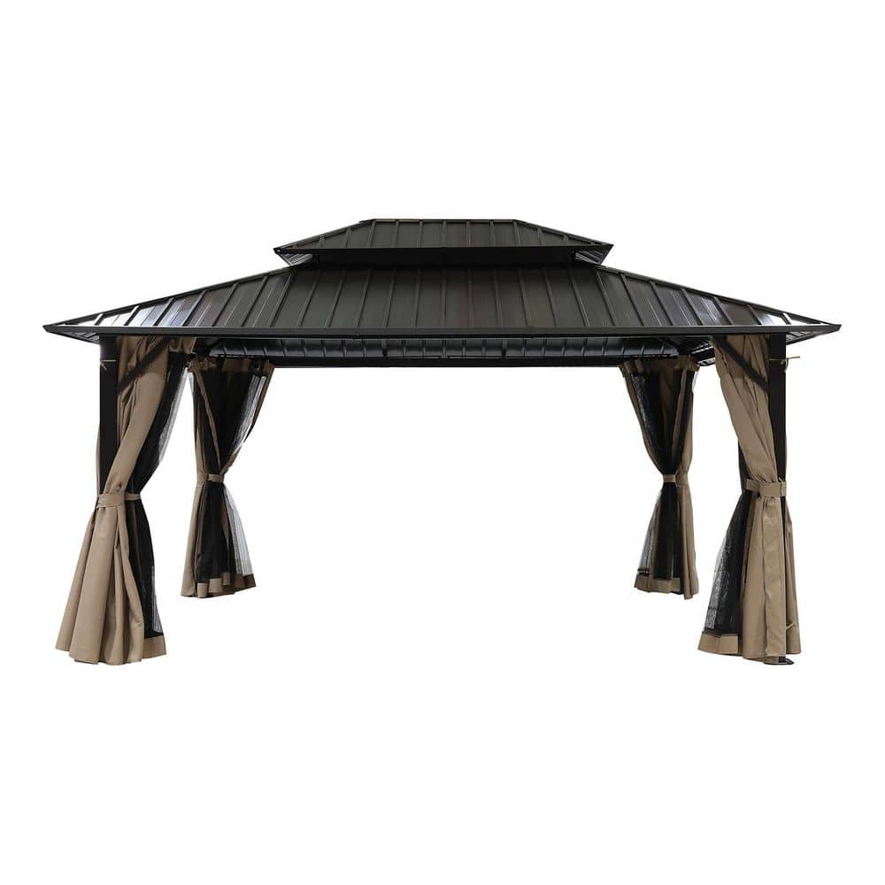 12 ft. x 16 ft. Rectangular Double Roof Hardtop Aluminum Patio Gazebo with Mosquito Netting and Khaki Curtains price history on PriceWatchPro
