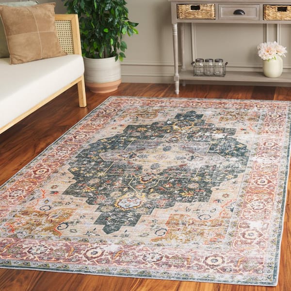 Arizona 4 ft. x 4 ft. Green/Light Brown Machine Washable Border Ornate square Area Rug
