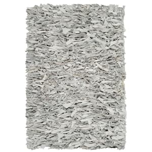 Leather Shag Gray/White Doormat 2 ft. x 3 ft. Solid Area Rug