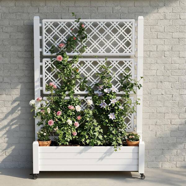 White Plastic Rectangular Trellis, Drain Plug, Wheels Plant Stand
