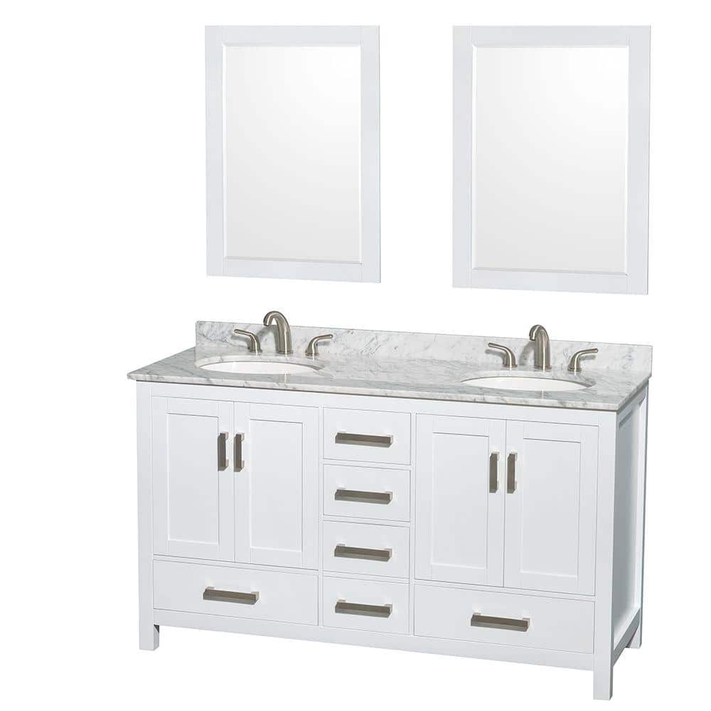 "Sheffield 60 in. W x 22 in. D x 35 in. H Double Bath Vanity in White with White Carrara Marble Top and 24"" Mirrors" price history on PriceWatchPro