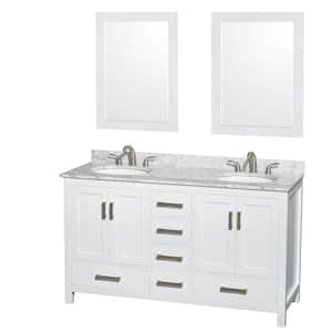 Sheffield 60 in. W x 22 in. D x 35 in. H Double Bath Vanity in White with White Carrara Marble Top and 24" Mirrors