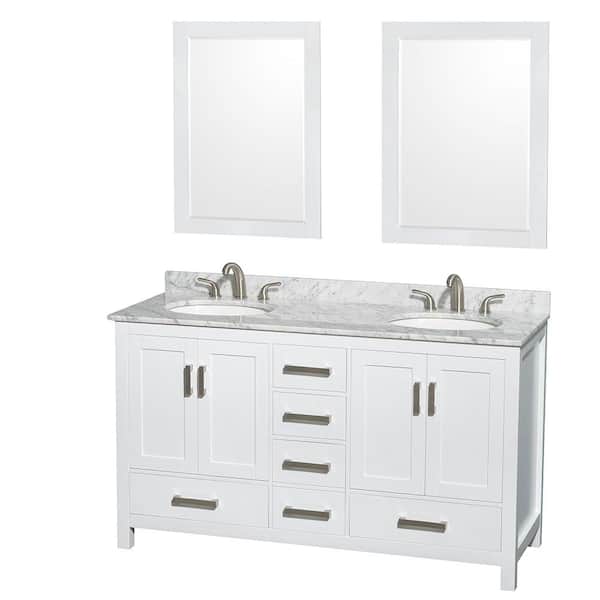Wyndham Collection Sheffield 60 in. W x 22 in. D x 35 in. H Double Bath Vanity in White with White Carrara Marble Top and 24" Mirrors